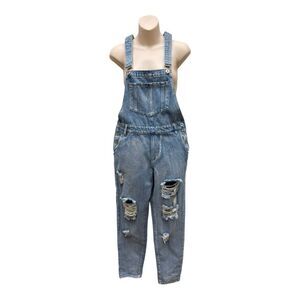 Fashion Nova Light Denim Distressed Blue Overalls Sz S Country Western Festival
